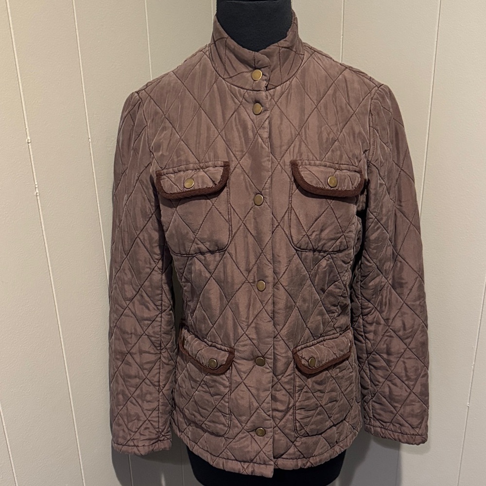 J. McLaughlin chocolate 100% silk diamond quilt corduroy trim snap front jacket
